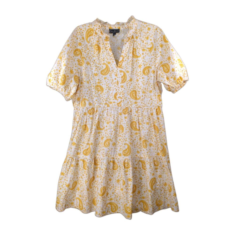 Ivy Street Dress Women’s L Cotton Yellow Paisley Ruffle V‑Neck Short Sleeve Knee